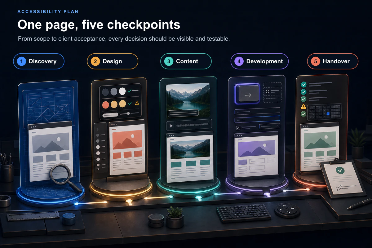 Five stations showing accessibility checks for one web page across discovery, design, content, development and handover