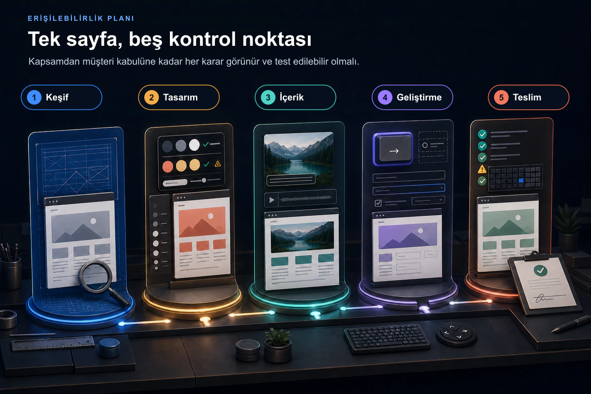 Bir web sayfasının keşif, tasarım, içerik, geliştirme ve teslim aşamalarındaki erişilebilirlik kontrollerini gösteren beş istasyon