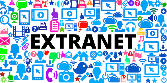 Extranet-ile-işbirliği-ve-bilgi-paylaşımı-nasıl-olur? Extranet-ağının-iş-süreçlerini-ve-paydaşlar-arasındaki-güvenli-iletişimi-gösteren-grafik