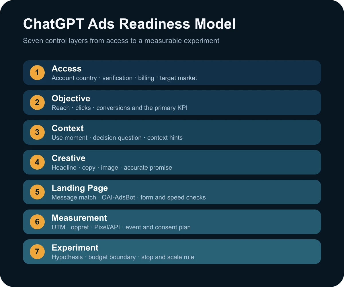 Seven-layer ChatGPT Ads readiness model covering access, objective, context, creative, landing page, measurement and experimentation