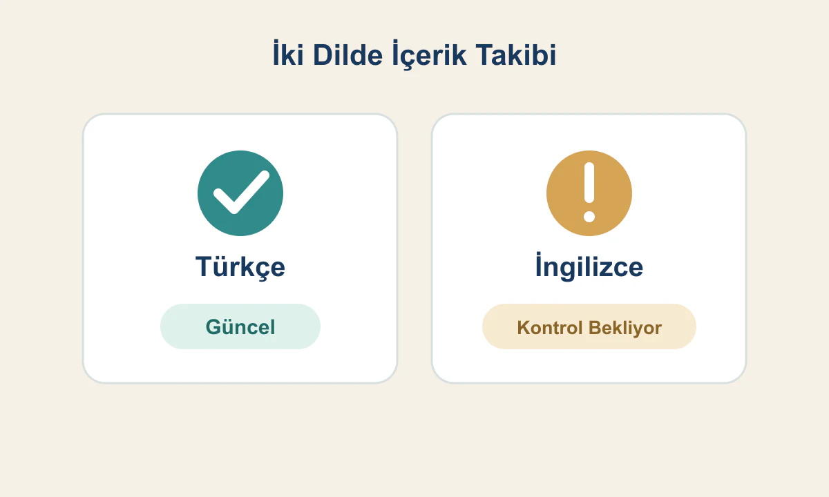 Türkçe ve İngilizce içeriklerin güncellik durumunu ayrı gösteren iki kart