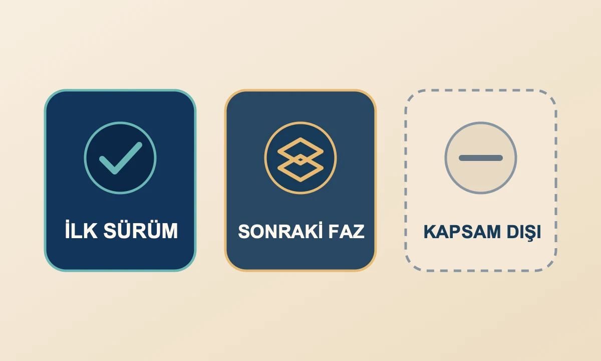 MVP taleplerini ilk sürüm, sonraki faz ve kapsam dışı olarak ayıran üç faz kararı