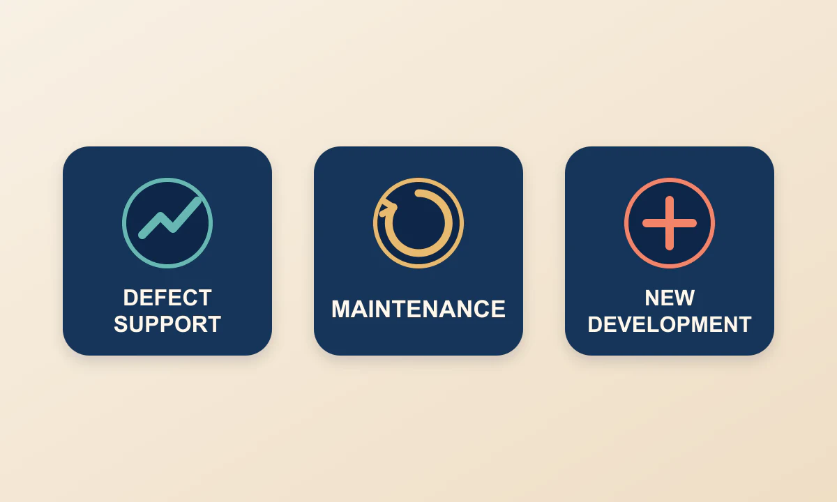 Three post-launch request types: defect support, maintenance and new development
