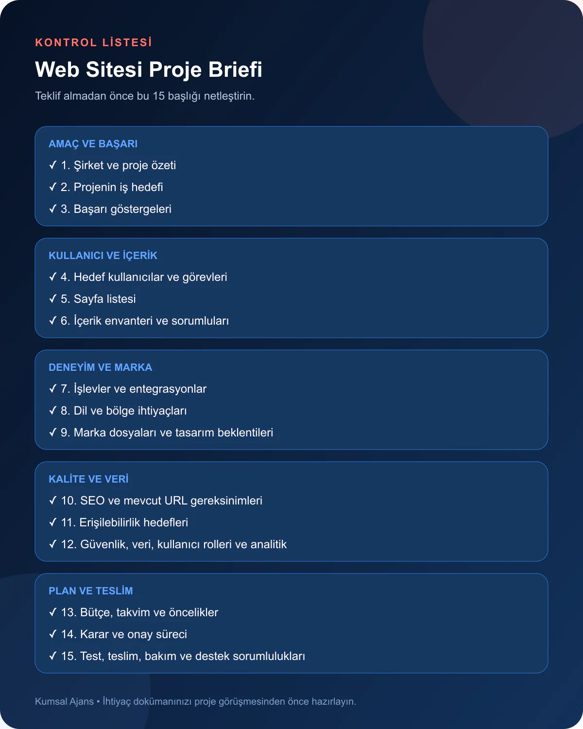 15 maddelik web sitesi proje briefi kontrol listesi