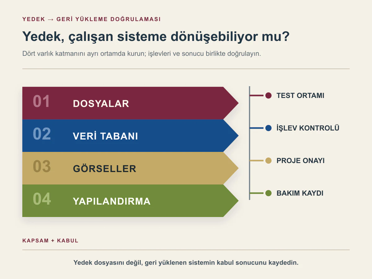 Dosya, veri tabanı, görsel ve yapılandırma yedeklerini test, işlev kontrolü, onay ve bakım kaydıyla eşleştiren sistem kesiti